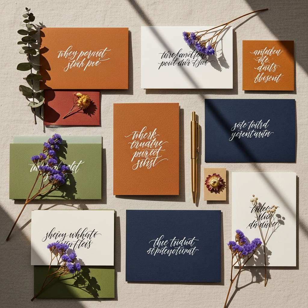 A flat-lay of CardCraft greeting cards in warm blush, gold, and cream palettes.