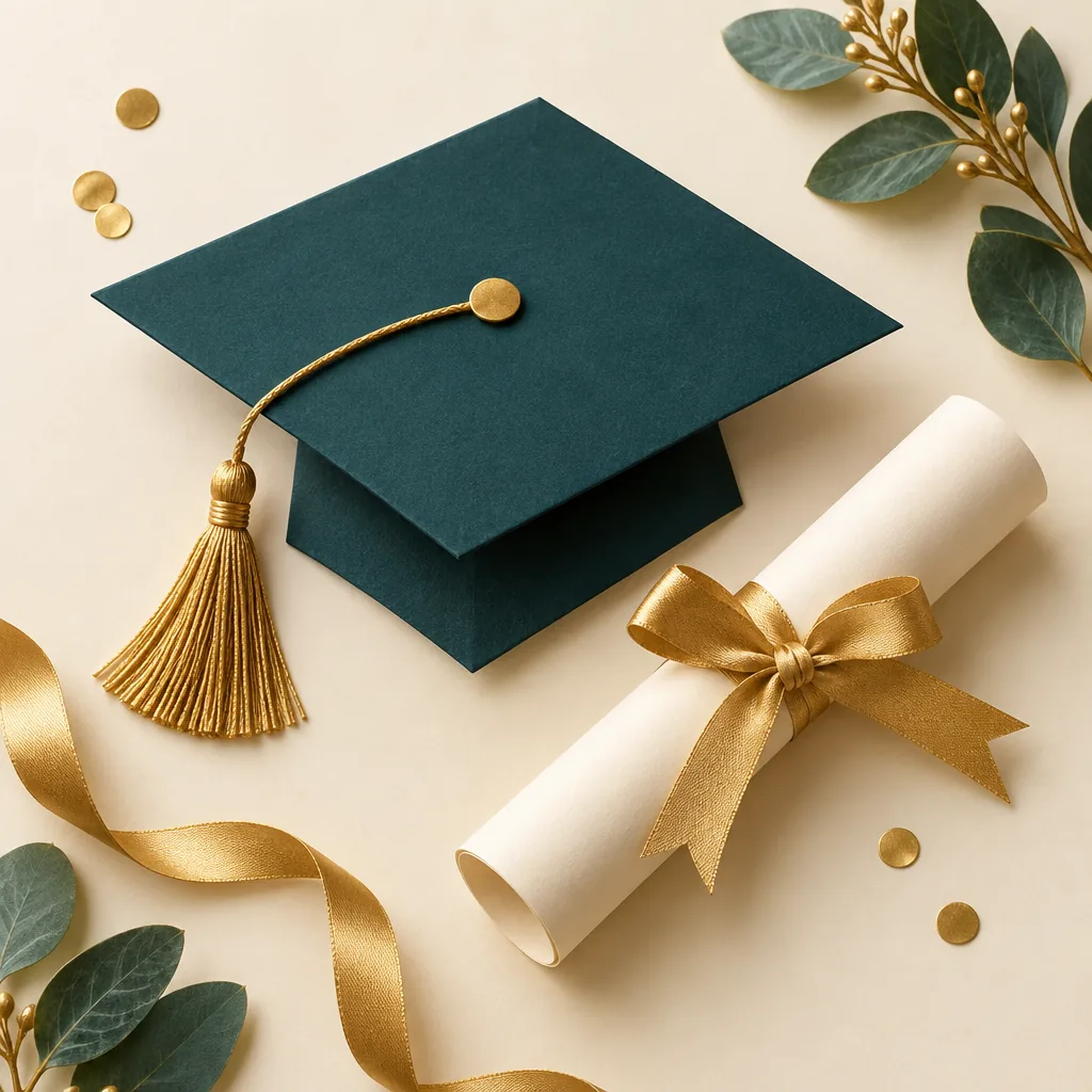 Flat-lay illustration of celebratory cards, a graduation tassel and a gold envelope