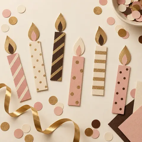 Flat-lay illustration of birthday cards, gift ribbon and confetti in cream, blush and gold