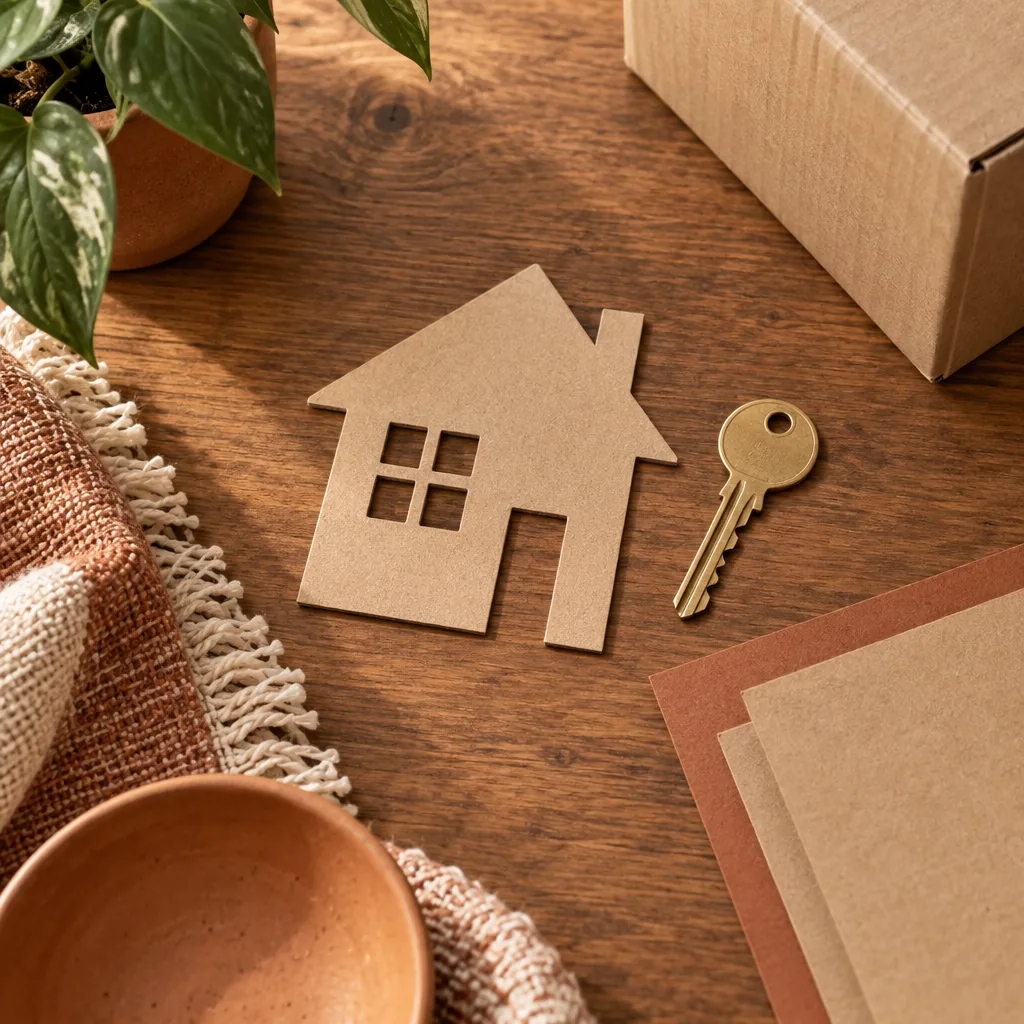 Flat-lay illustration of a housewarming card beside a small potted plant and house keys