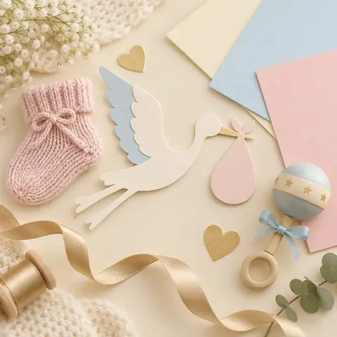 Flat-lay illustration of pastel welcome cards beside a soft blanket and a wooden toy
