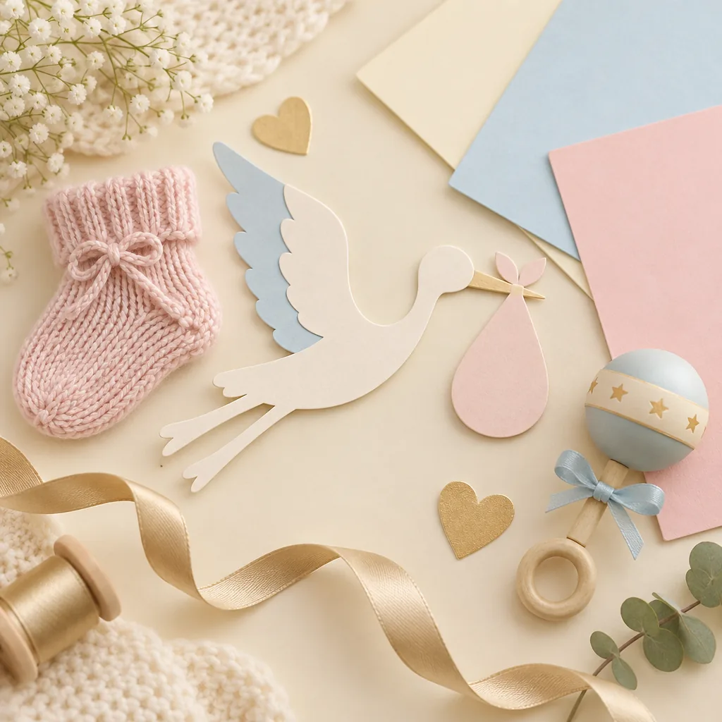 Flat-lay illustration of pastel welcome cards beside a soft blanket and a wooden toy