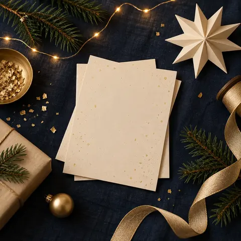 Flat-lay illustration of holiday greeting cards with pine sprigs, ribbon and cinnamon