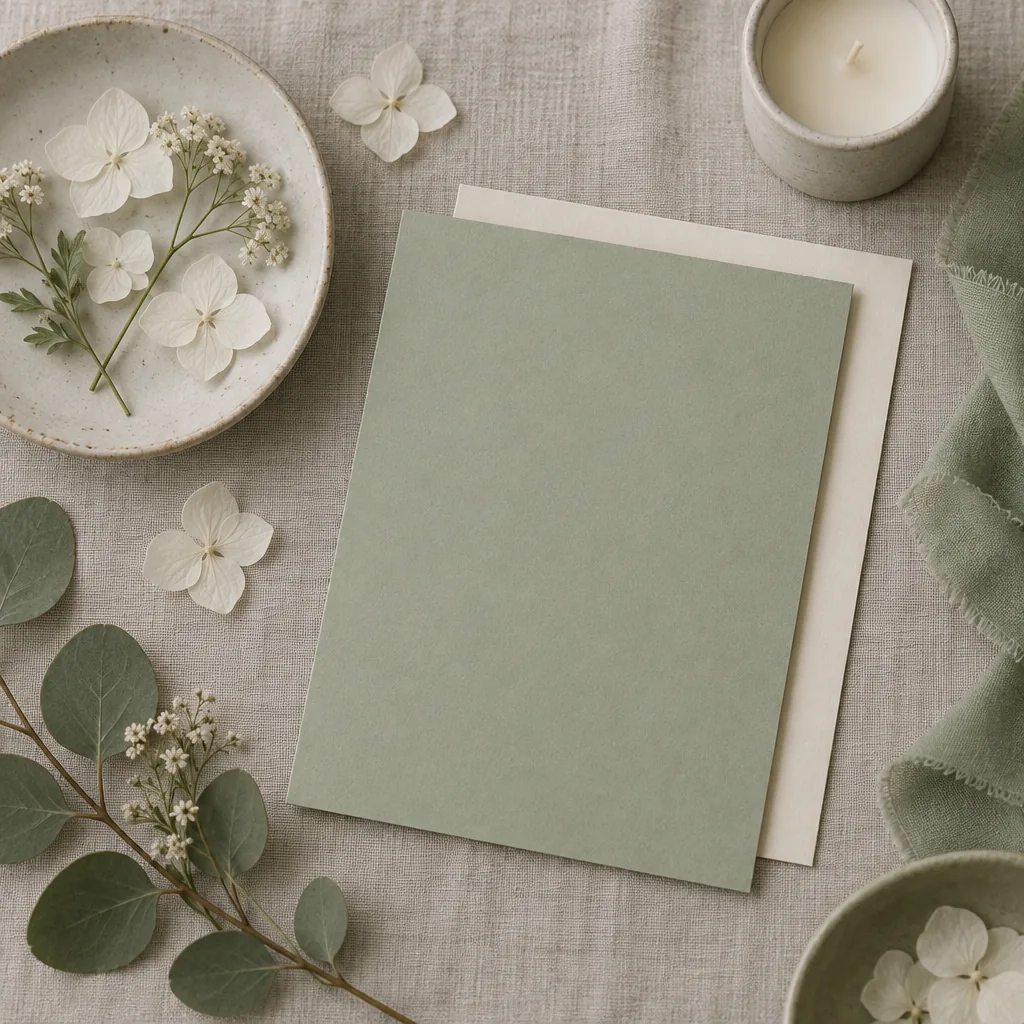 Flat-lay illustration of softly coloured thinking-of-you cards with dried botanicals