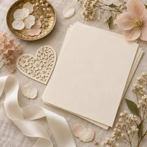 Flat-lay illustration of wedding stationery, ribbon and a gold wax seal on cream linen