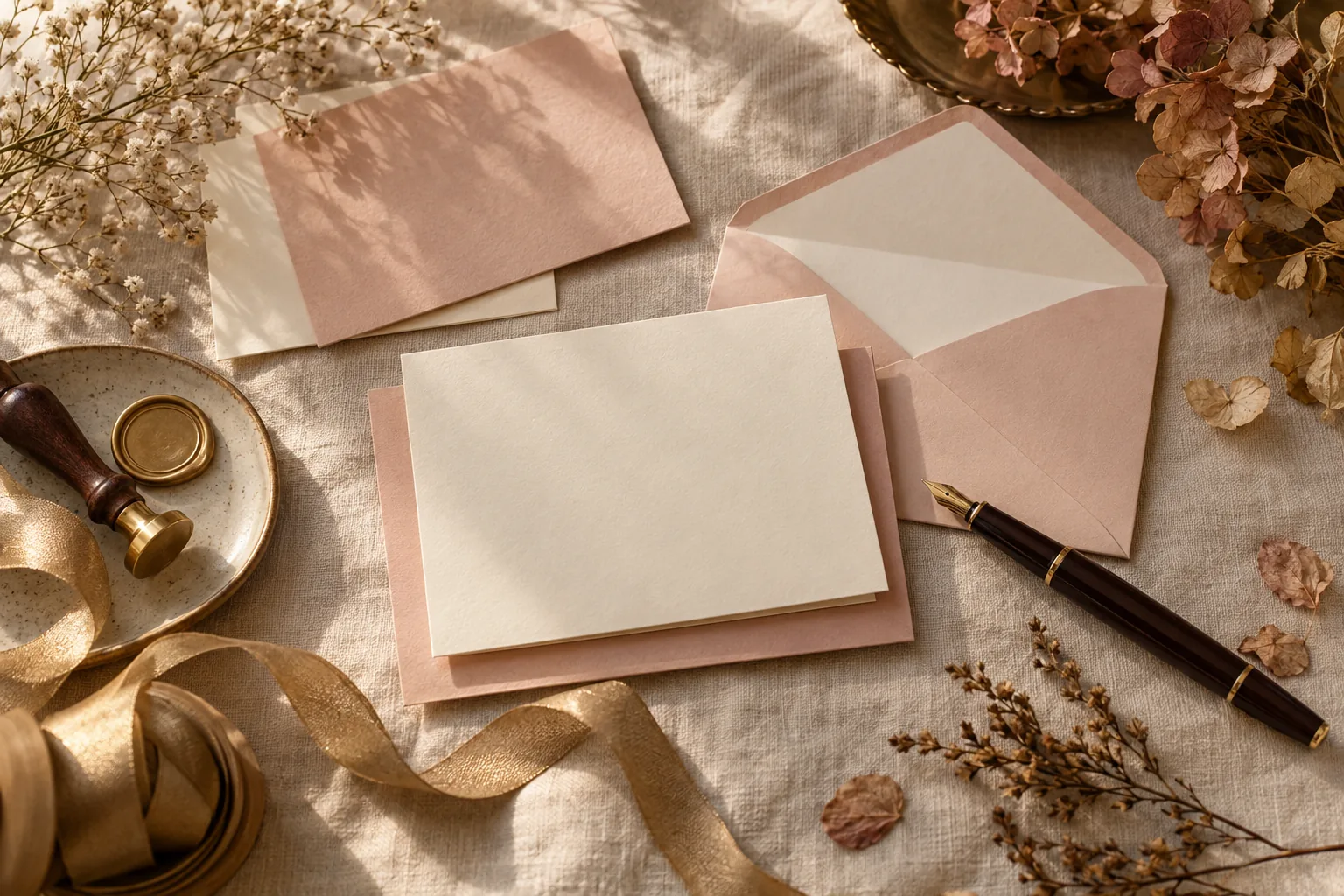 Flat-lay of hand-crafted greeting cards, envelopes, a wax seal, ribbon and a fountain pen in warm blush, gold and cream tones