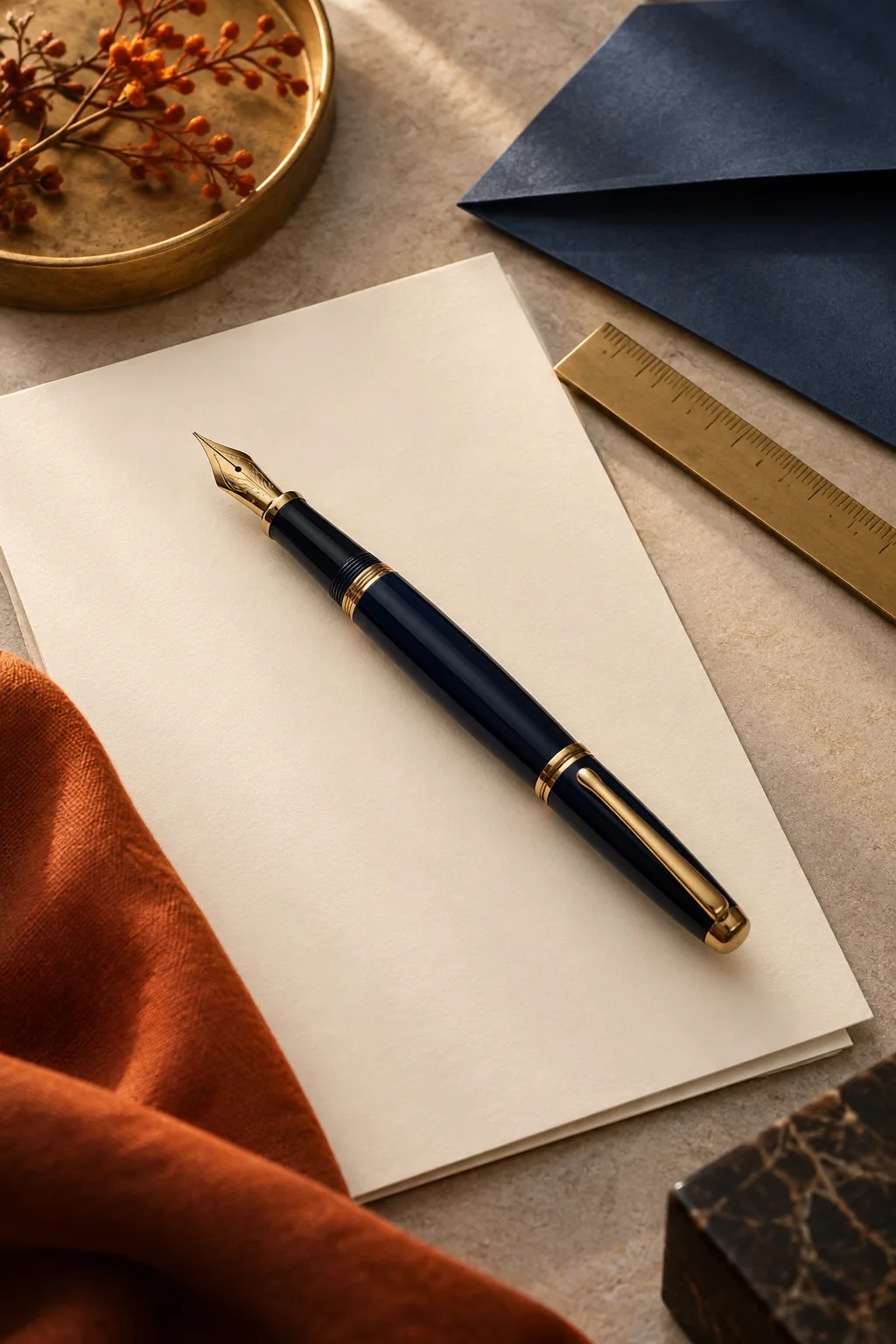 Illustration of an elegant serif-typeset card beside a fountain pen and inkwell