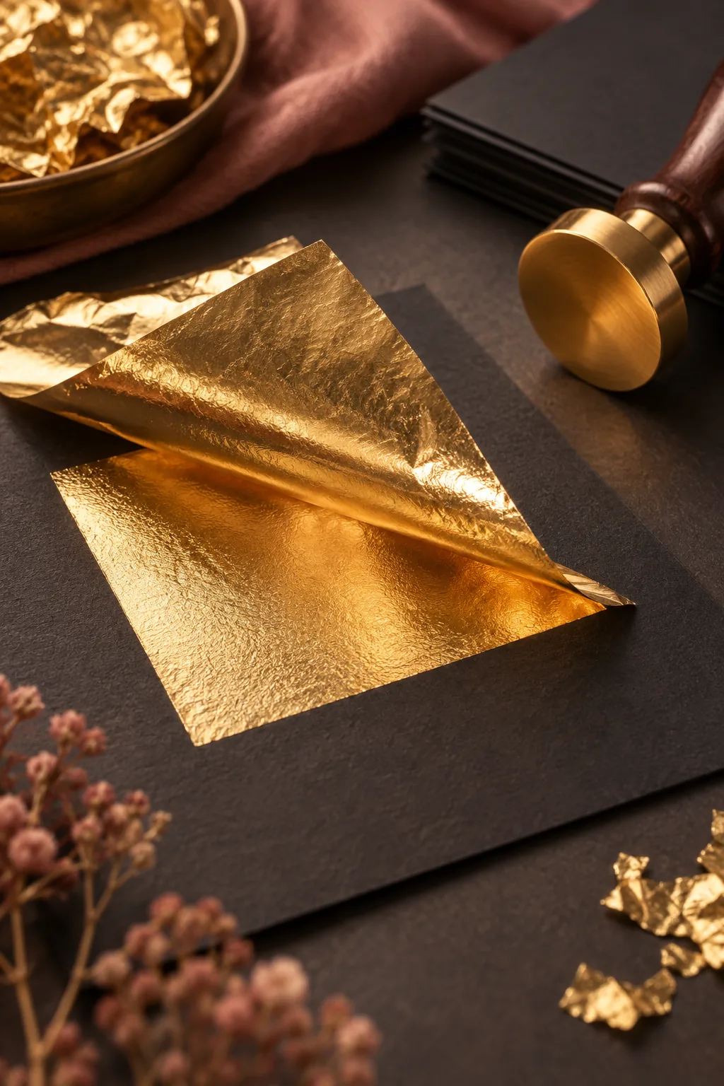 Illustration of gold foil sheets being applied to a card on a craft desk