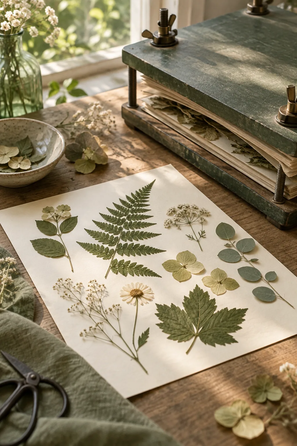 Illustration of pressed flowers and botanicals arranged on cardstock