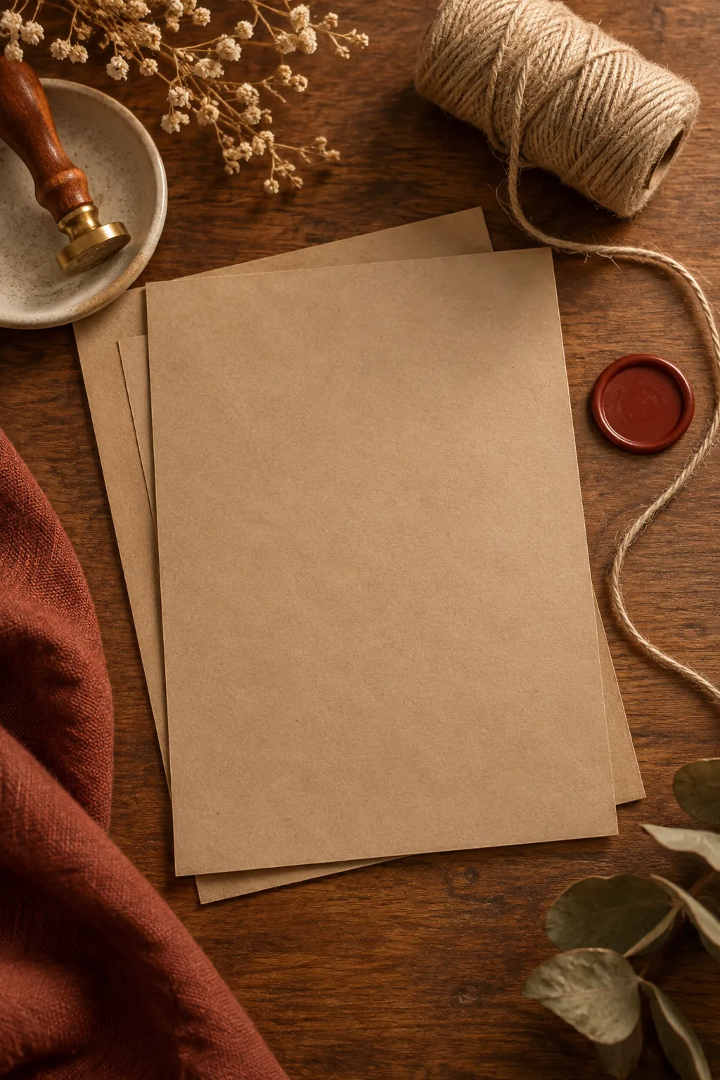 Illustration of a warm editorial desk spread with card stock, swatches and scissors