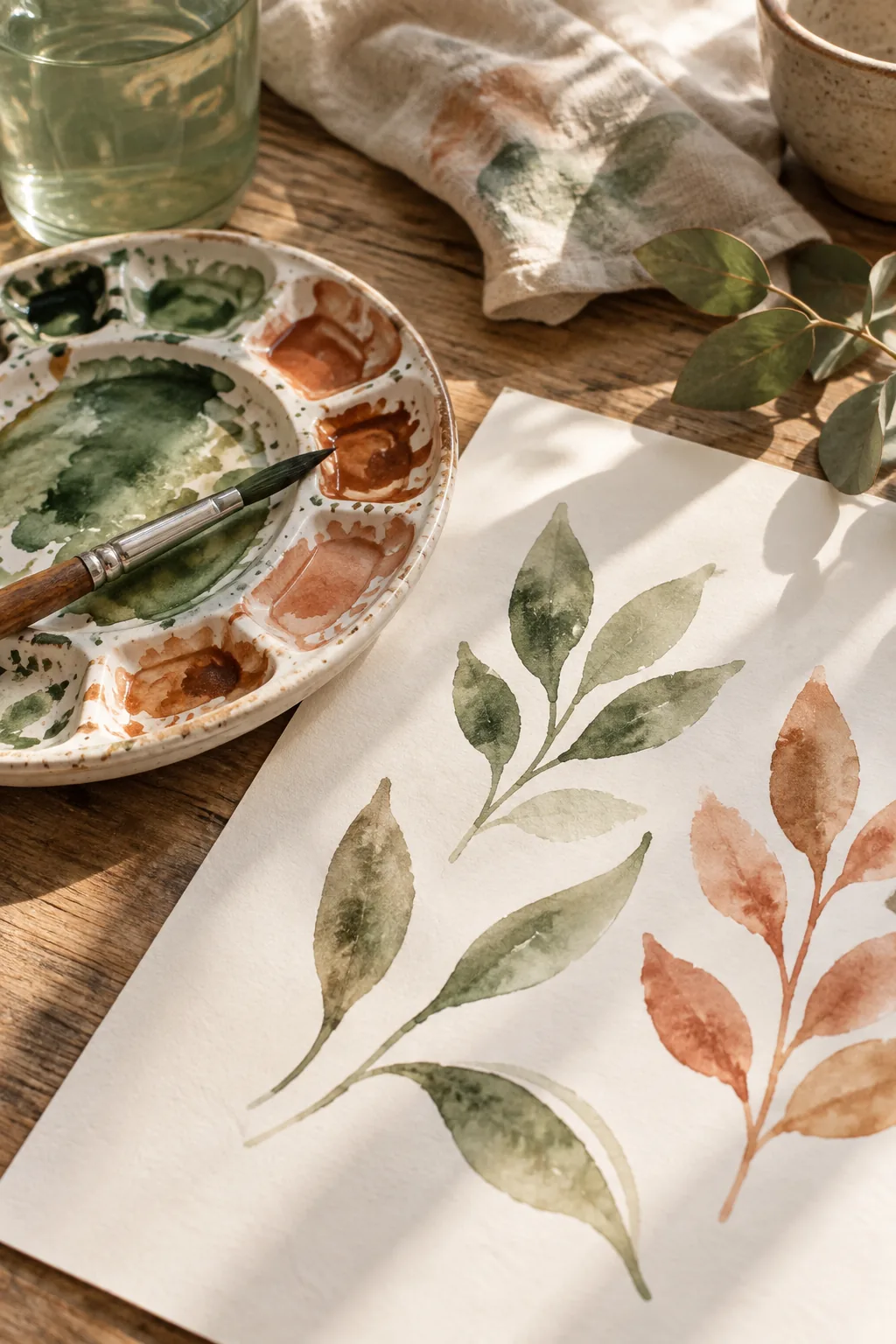Illustration of watercolour paints and botanical sprigs beside a blank card